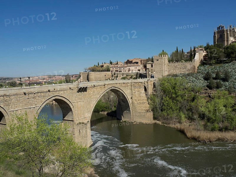 Stone bridge over a river with historic buildings and vegetation under blue sky, historic stone bridge with an old tower and an old town in the background over a wild river, Toledo, Spain, Europe