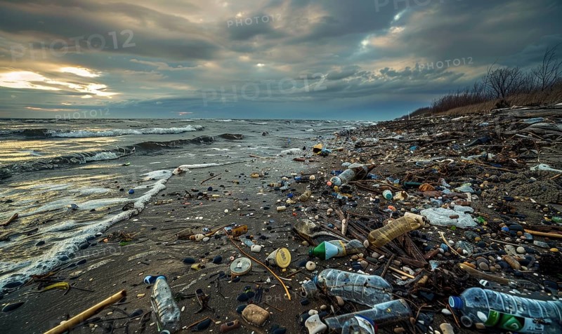 Beach littered with plastic bottles and garbage, ecological problems AI generated