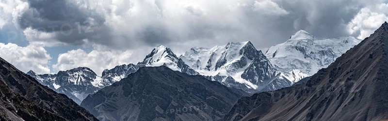 Glaciated and snow-covered mountain peaks, Tian Shan, Sky Mountains, Engilchek Valley, Kyrgyzstan, Asia