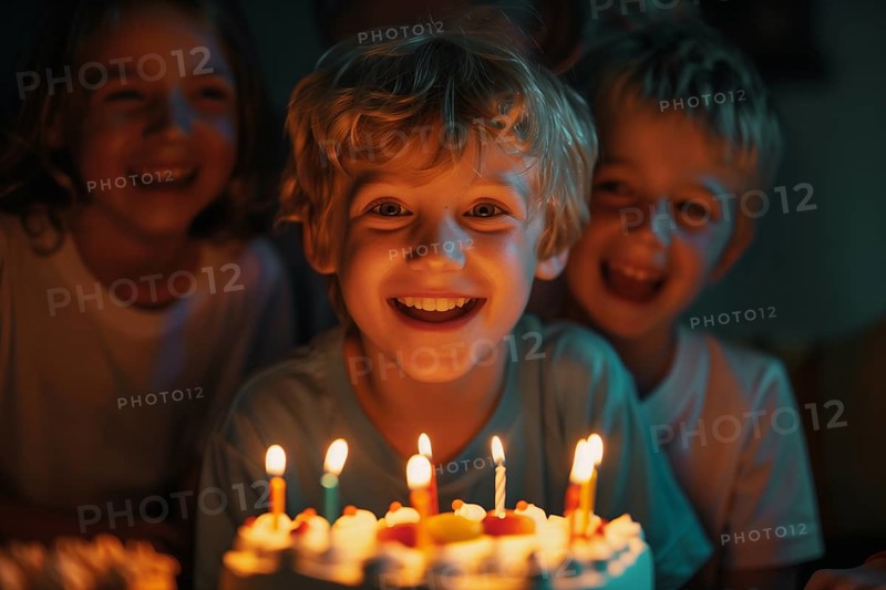 Happy caucasian birthday boy celebrating a party with his friends and a big birthday cake with lit candles on it in front of him. AI generated