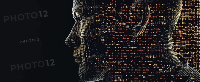 Human beings morphing into code. The concept of cyborg and AI becoming sentient, AI generated