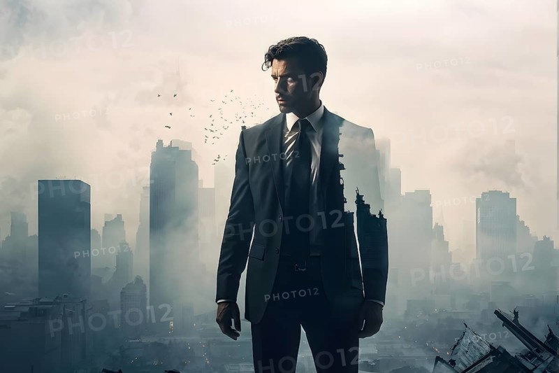 Silhouette of a businessman against a backdrop double exposure that reveals a destroyed cityscape, AI generated