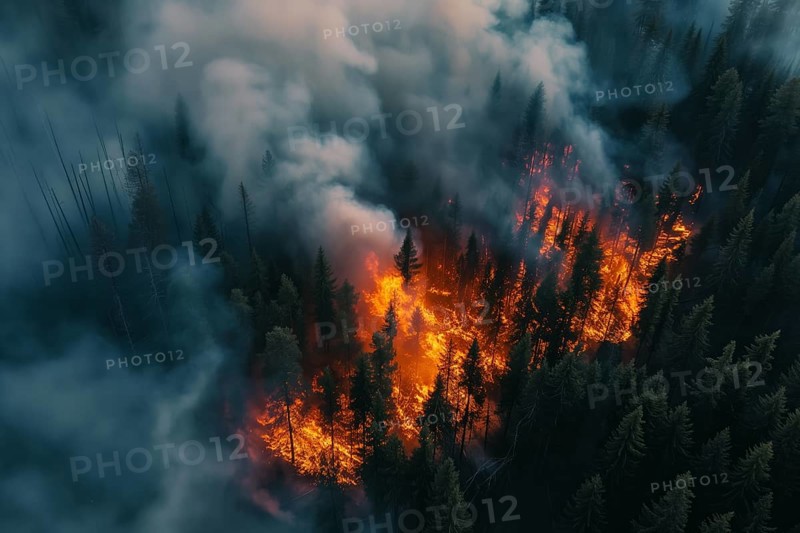 Aerial view of a forest fire is raging through a forest, with smoke and flames visible in the air. The scene is chaotic and dangerous, with trees and other vegetation being consumed by the fire, AI generated