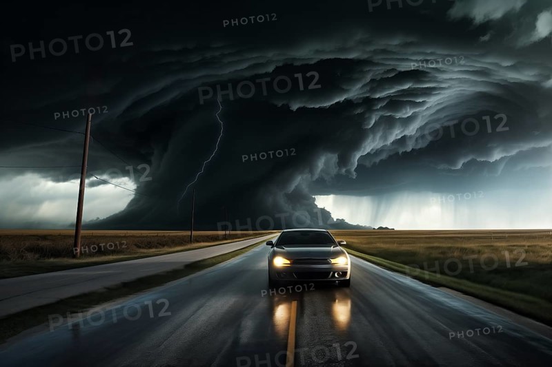 Disaster catastrophe storm concept, tornado in a field in the USA with car on road escaping tornado in field under stormy dark sky, AI generated