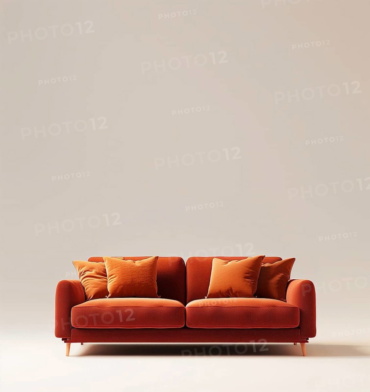 Red brick velvet fabric sofa with pilows isolated on white background. AI generated