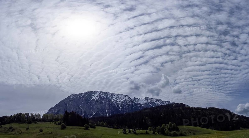 Cloudy mood over the Grimming, panoramic shot, near Bad Mitterndorf, Styria, Austria, Europe