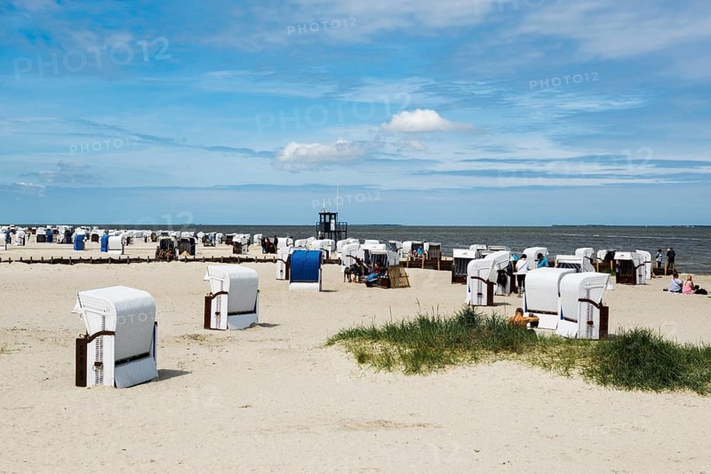 Beach chairs on the sandy beach, Harlesiel, Carolinensiel, East Frisia, Lower Saxony, Germany, Europe