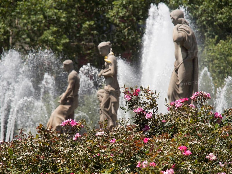 Statues in a fountain in the foreground of blooming flowers and gushing water fountains, fountain with figures in front of a historic building, barcelona, spain