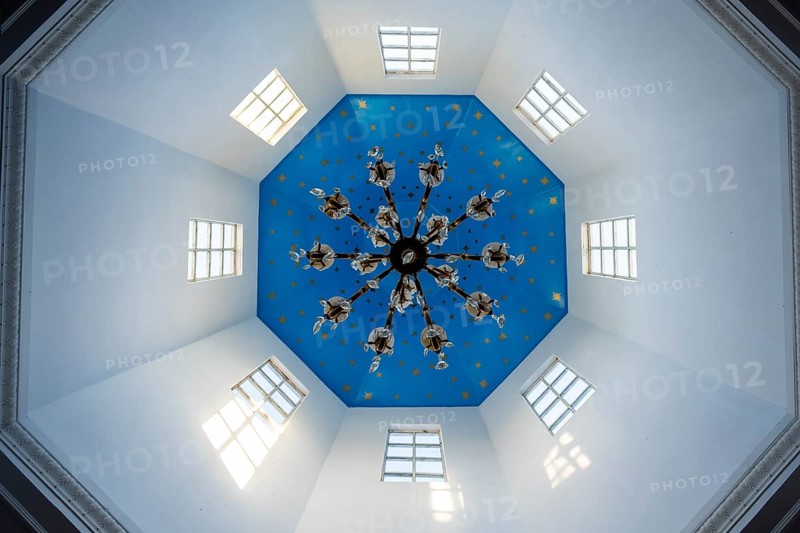 Interior view, octagonal ceiling with chandelier, Tserkov Russian Orthodox Church, Teploklyuchenka, Kyrgyzstan, Asia