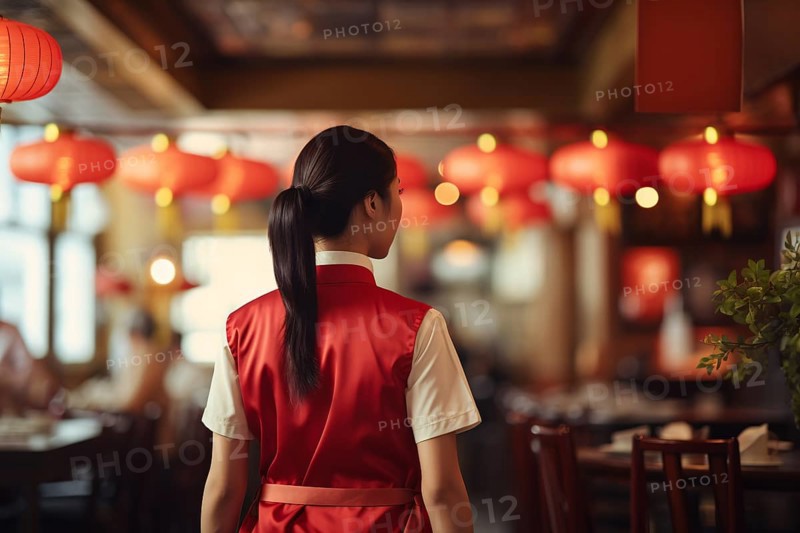 Back view of Asian waitress in Chinese restaurant. KI generiert, generiert, AI generated