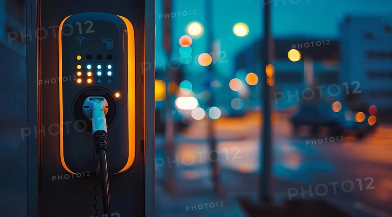 Electric car charging the battery from the electric charger, AI generated