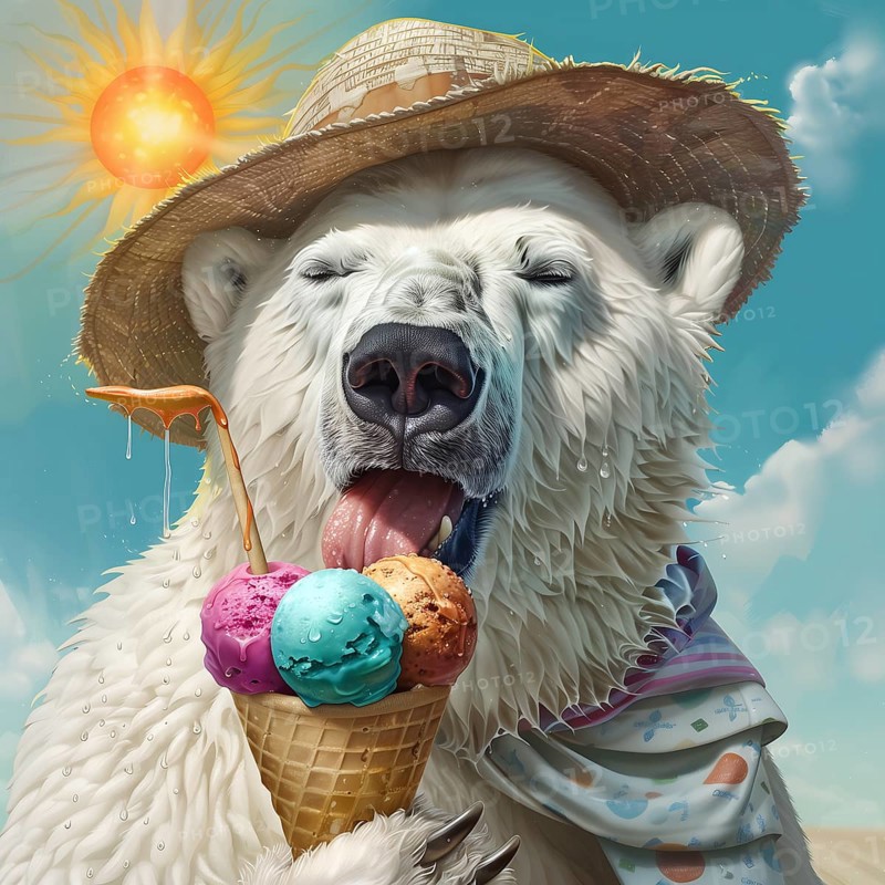 A polar bear with a straw hat licks an ice cream at sunset, symbolic image on the subject of climate change, climate catastrophe, climate protection, AI generated