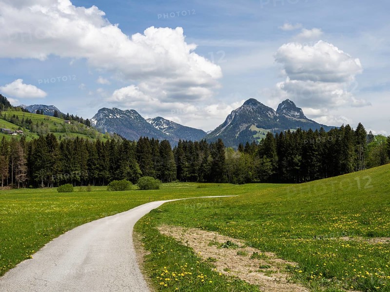 Salzkammergut cycle path, cloudy mood over mountain peaks, near Bad Mitterndorf, Styria, Austria, Europe
