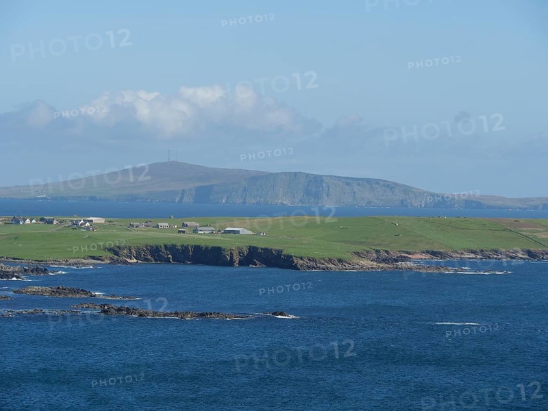 View of the tranquil coastal landscape with houses and hills in the background, green meadows by a deep blue sea and a rocky coastline with individual houses, lerwick, shetland, Scotland, United Kingdom, Europe