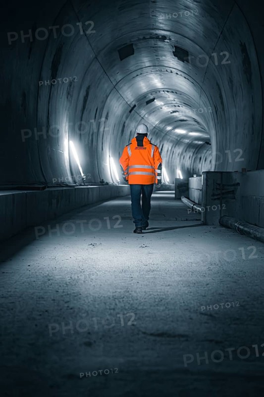 A worker in a safety waistcoat walks through an illuminated, futuristic tunnel with concrete walls, Tunnelbau Hermann Hesse Bahn, Ostelsheim, Germany, Europe