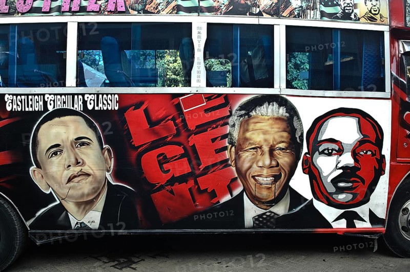 Decorated public transport called matatu, portraits of political leaders, Barack Obama, Nelson Mandela, Martin Luther King, Nairobi, Kenya, Africa