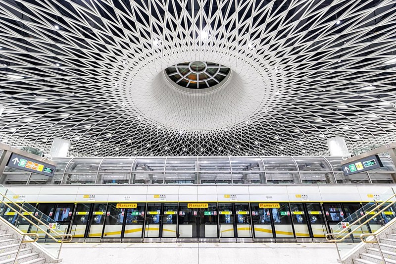Shenzhen Metro modern architecture in public transport underground station Gangxia North in Shenzhen, China, Asia