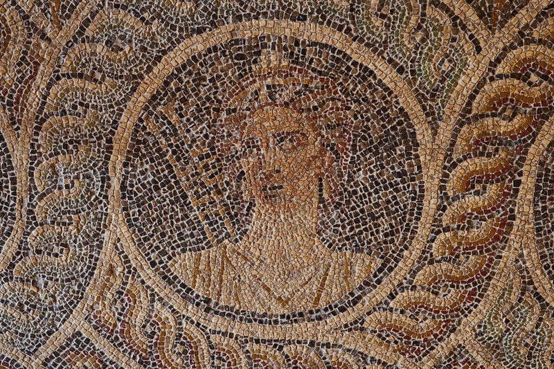 Euterpe, the delightful muse with the double flute, the muse of music, One of the nine muses, Detailed antique mosaic of a woman's face in profile, Interior view, Grand Master's Palace, Knights' Town, Rhodes Town, Rhodes, Dodecanese, Greek Islands, Greece, Europe