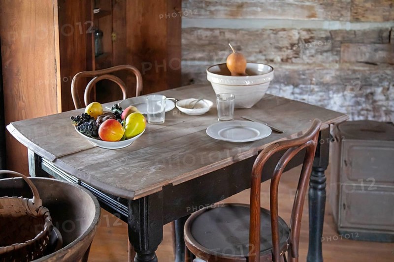 Fort Dodge, Iowa, A dining table in the Carlson-Richey Cabin at the Fort Museum and Frontier Village. Operated by the Fort Dodge Historical Foundation, the museum displays the frontier life of the 1850s