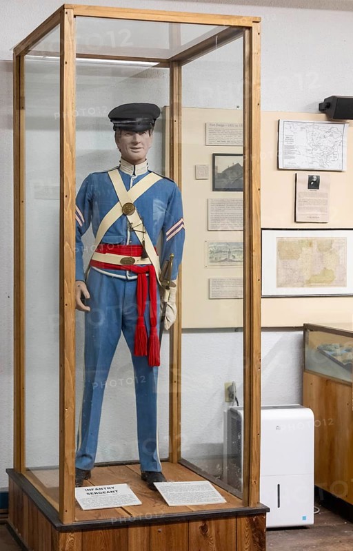 Fort Dodge, Iowa, An infantry sergeant's winter uniform, used by the U.S. Army from the late 1830s until 1855, displayed at the Fort Museum and Frontier Village. Operated by the Fort Dodge Historical Foundation, the museum displays the frontier life of the 1850s