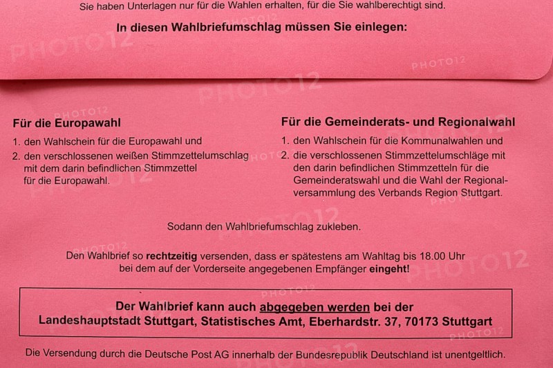 Ballot paper envelope, light red, instruction, postal vote, official postal voting documents, election, parliamentary election, European election, municipal election, local election, Stuttgart, Baden-Wuerttemberg, Germany, Europe