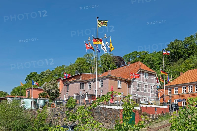 Flags, houses, harbour, old town, Lauenburg, Schleswig-Holstein, Germany, Europe