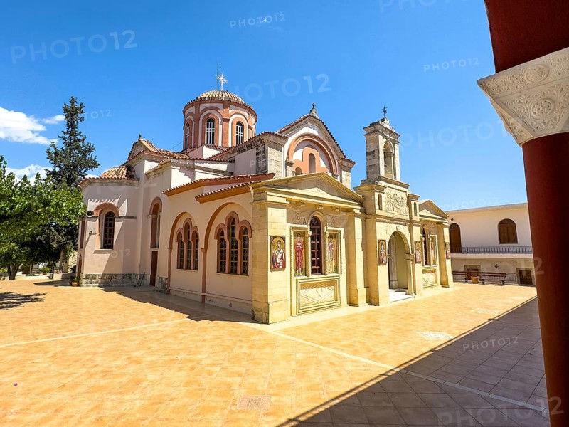 Exterior view of historic orthodox church monastery church Zoodochos Pege in Byzantine style from 14th century in today's nunnery monastery of Panagia Kalyviani Kaliviani, Faneromeni, Tymbaki, Crete, Greece, Europe