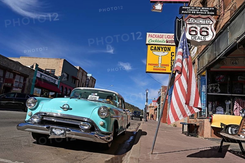 Vintage car parked in front of souvenir shop on Route 66, Williams, Arizona