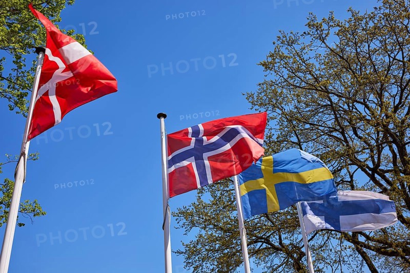 Scandinavian flags of Denmark, Norway, Sweden and Finland in Niebuell, district of Nordfriesland, Schleswig-Holstein, Germany, Europe