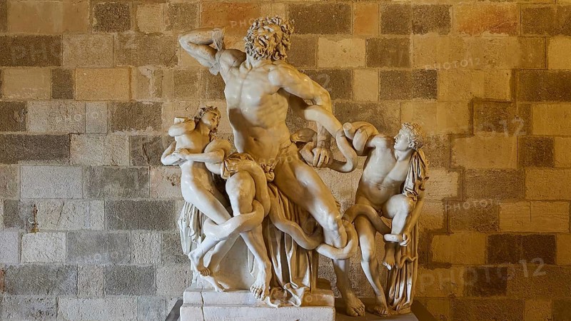 Copy of the Laocoon Group, Dynamic sculpture of a mythological battle scene with several figures, interior view, Grand Master's Palace, Knights' Town, Rhodes Town, Rhodes, Dodecanese, Greek Islands, Greece, Europe