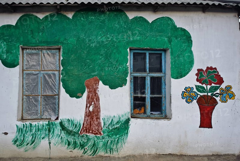Decorated outer wall of a house, house owned by a nizari ismaili family, painting to commemorate the day when the current Aga Khan came in power 60 years ago, Aga Khan IV is the current leader of the nizari ismaili, house at Murgab, Gorno-Badakhshan, Tajikistan, Asia
