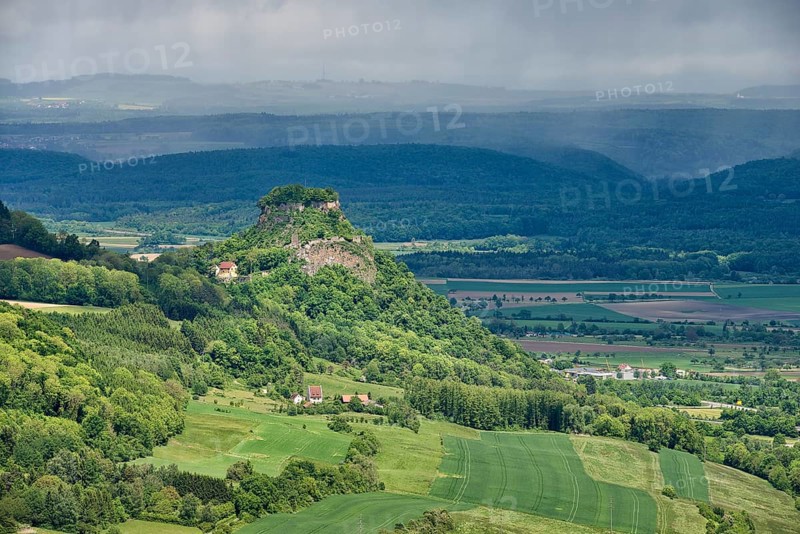 View from the Hohentwiel fortress ruins to the neighbouring Hohenkraehen, with the Witthoh mountain range on the horizon, district of Constance, Baden-Wuerttemberg, Germany, Europe
