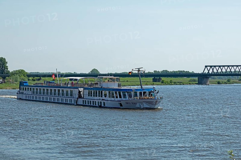 Cruise ship Swiss Ruby leaves Lauenburg, Schleswig-Holstein, Germany, Europe