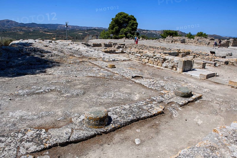 View of foundation walls ruins in eastern part Princess Complex building in east wing of palace with chambers of princess In excavation site on hill of Phaistos of Minoan culture pre-Greek ancient Greek people Minoans in antiquity, Kamilari, Crete, Greece, Europe