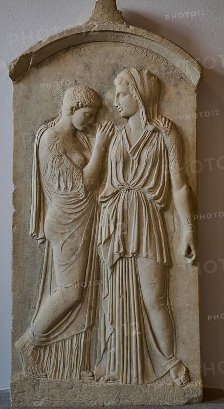 Krito and Timarista, Tomb stele from Kamiros, Ancient bas-relief of two woman talking, Classical clothing and marble, Interiors, Archaeological Museum, Old Town, Rhodes Town, Rhodes, Dodecanese, Greek Islands, Greece, Europe