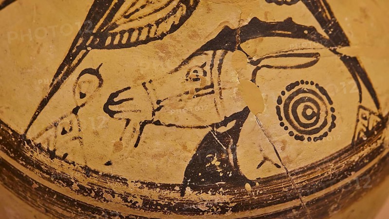DetaiAntique vase with a picture of figures and animals, designed in black on a beige background, wild goat, interiors, Archaeological Museum, Old Town, Rhodes Town, Rhodes, Dodecanese, Greek Islands, Greece, Europe