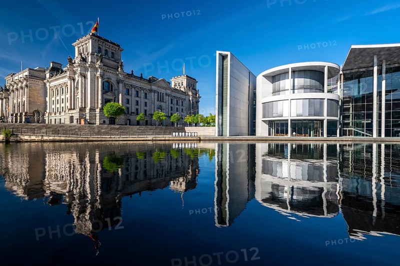 Reichstag, Paul Loebe House reflected in the Spree, Berlin, Germany, Europe