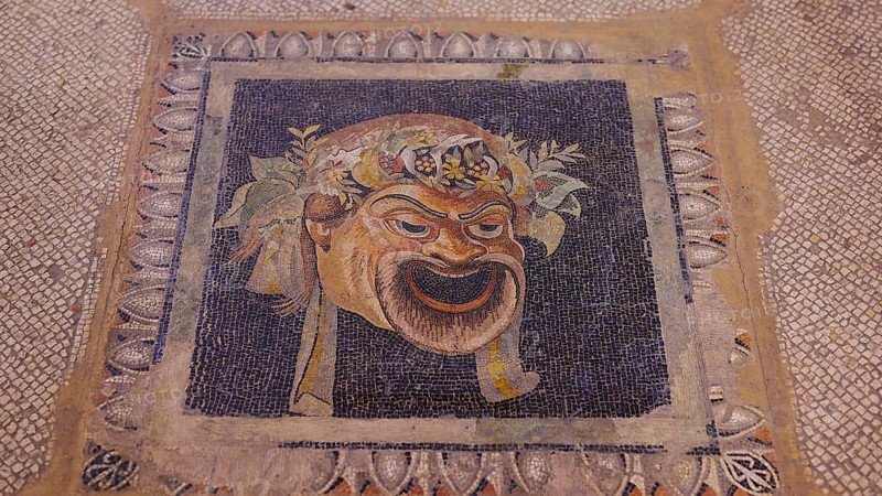 A colourful antique mosaic of a theatre mask surrounded by patterns, interior view, Grand Master's Palace, Knights' Town, Rhodes Town, Rhodes, Dodecanese, Greek Islands, Greece, Europe