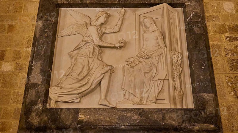 Stone relief of an angel addressing Mary, in a historical style, interior, Grand Master's Palace, Knights' Town, Rhodes Town, Rhodes, Dodecanese, Greek Islands, Greece, Europe