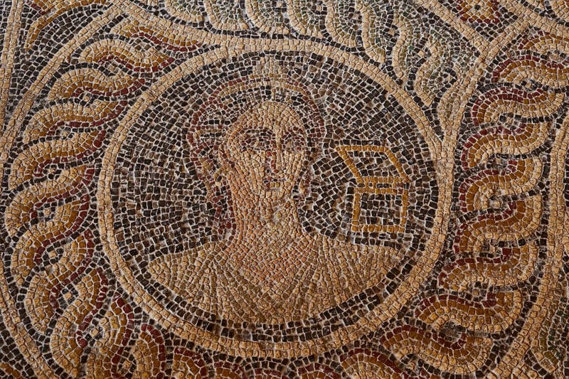 Calliope, the beautiful-voiced muse, Mother of Orpheus, Muse of Heroic Poetry, Writing tablet, One of the nine muses, Finely worked mosaic of a person with an expressive face, Interior view, Grand Master's Palace, Knights' Town, Rhodes Town, Rhodes, Dodecanese, Greek Islands, Greece, Europe