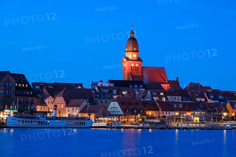 Town view of Lake Mueritz with St Mary's Church, Blue Hour, Waren, Mueritz, Mecklenburg Lake District, Mecklenburg, Mecklenburg-Western Pomerania, Germany, Europe