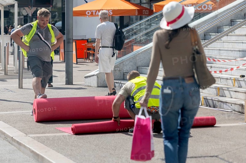 Cannes, France, 13 May 2024: A red carpet is rolled out at Cannes train station. The 77th Cannes International Film Festival will take place from 14 to 25 May 2024, Europe