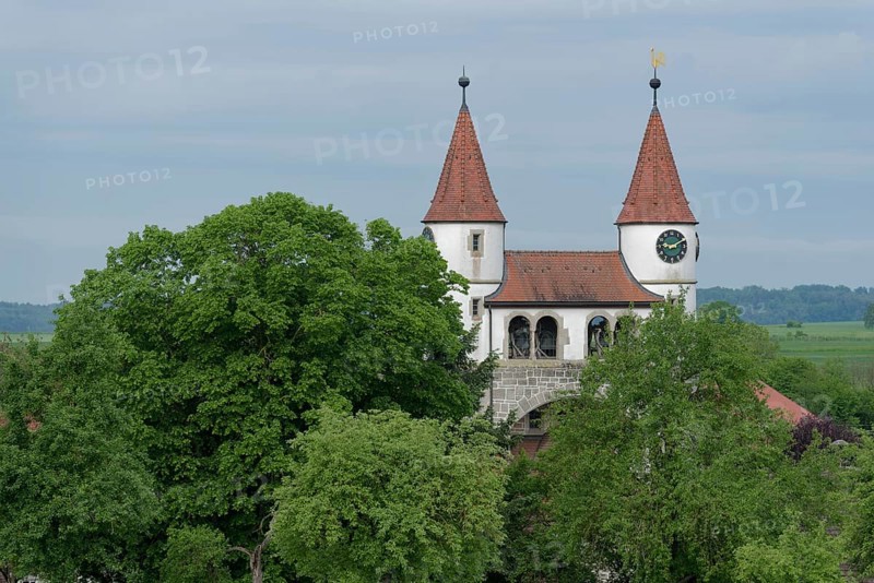 Art Nouveau church in Gaggstatt, Art Nouveau, Kirchberg-Gaggstatt, church, church tower, tower, Jagsttal, Jagst, Hohenlohe-Franken, Hohenlohe, Heilbronn-Franken, Baden-Wuerttemberg, Germany, Europe