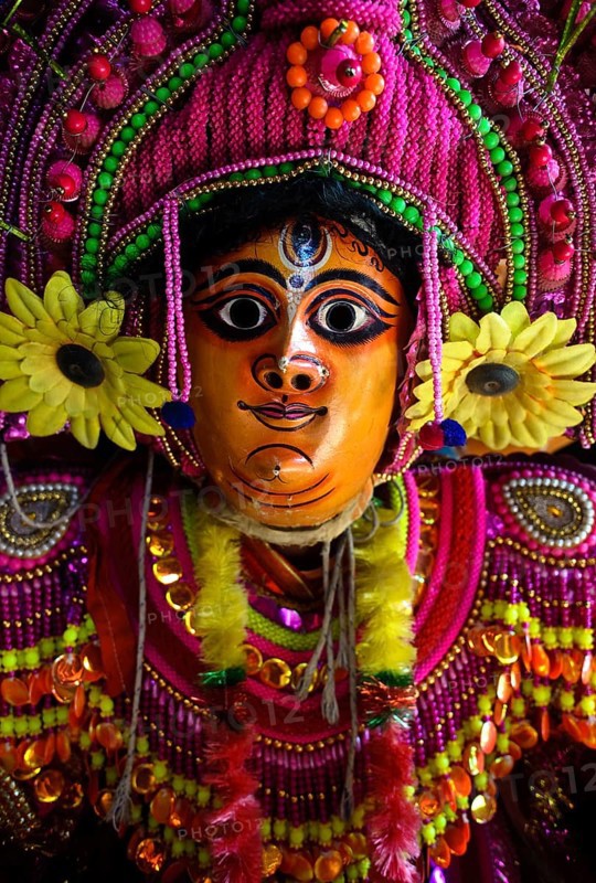 Portrait of a Purulia Chhau dancer playing the role of the hindu goddess Durga, West Bengal, India, Asia