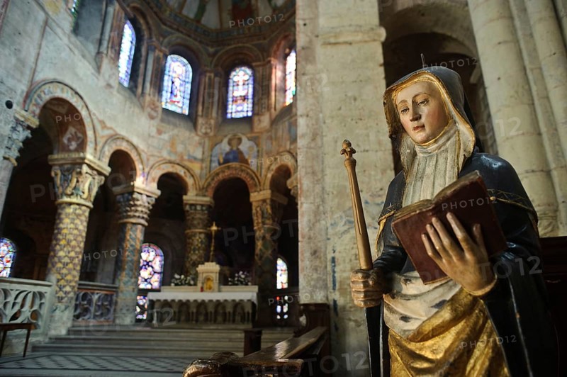 Wooden sculpture depicting Sainte Radegonde, romanesque art in the Sainte Radegonde church, Poitiers, medieval religious monument in France