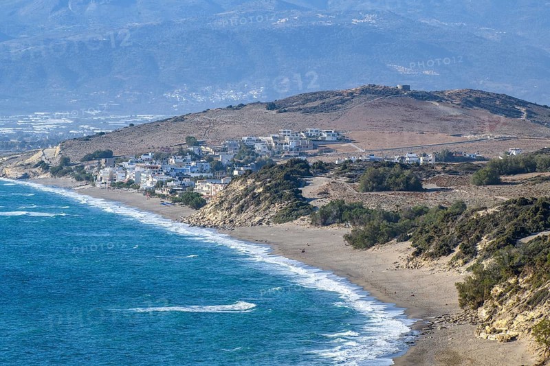 View from elevated position point of view on aerial view of beach of Komos Beach on south coast of Crete island, Festos, Heraklion, Crete, Greece, Europe