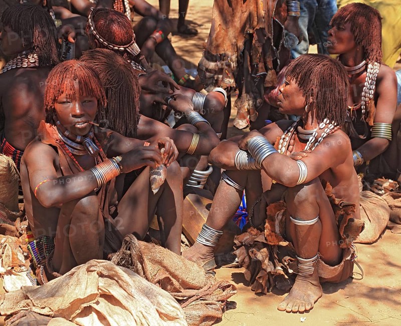 South Ethiopia, Omo region, in the village of Turmi, young girls from the Hamar, Hamer, Hamma, Hammer, Amar or Amer tribe, Ethiopia, Africa