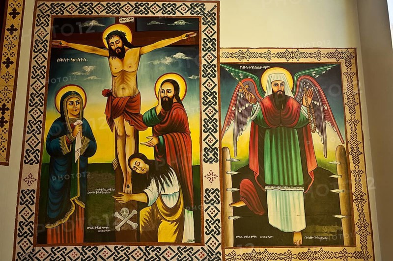 Paintings representing Jesus Christ and the much revered ethiopian saint Tekle Haymanot, Orthodox christian church, Nairobi, Kenya, Africa