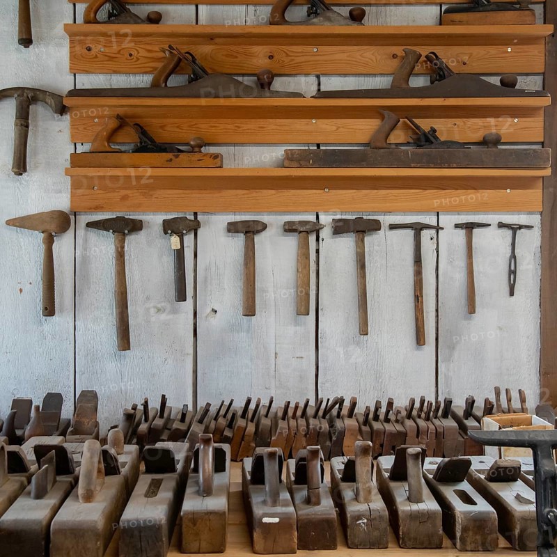 Fort Dodge, Iowa, Tools at Ole Fjetland Cabinet Shop at the Fort Museum and Frontier Village. Operated by the Fort Dodge Historical Foundation, the museum displays the frontier life of the 1850s