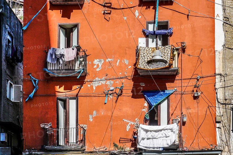 Laundry hanging on balconies of a house in Naples, 02/05/2024, Naples, Italy, Europe